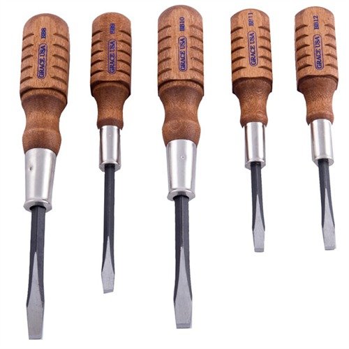 The Grace USA Browning Screwdriver Set includes five precision screwdrivers with hardened tips and a hardwood handle, perfect for Browning A-5 Shotgun maintenance.