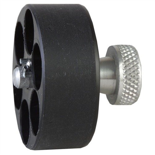 The HKS 22HR Speedloader is designed for H&R (9 shot) and Taurus 94, featuring a durable black plastic body, knurled aluminum knob, and lightweight design for easy handling.