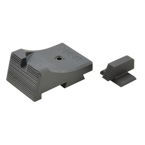 The Heinie 1911 SlantPro Sight Set offers low-profile, snag-free draw, fine serrations for glare reduction, and compatibility with various 1911 models.