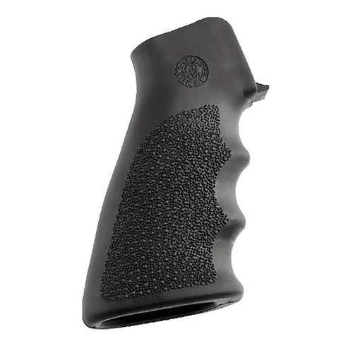 The HOGUE AR-15 Pistol Grip features a strong fiberglass core with a non-slip rubber surface, enhancing comfort with palm swells and finger grooves for better control.