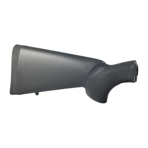 The HOGUE Mossberg 500 buttstock features a durable polymer design with a rubber overmold for superior grip, recoil cushioning, and options for standard or ShortShot lengths.