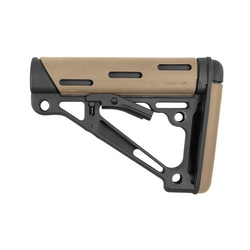 The Hogue OverMolded® collapsible buttstock offers a snug anti-rattle fit, rubber cheek rest, and multiple mounting locations, perfect for commercial buffer tubes.