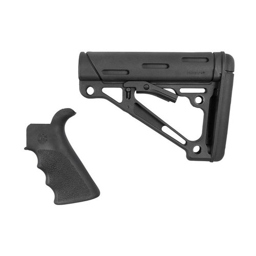 Enhance your AR-15 with Hogue's 2 Piece Kit featuring a finger grooved beavertail grip for comfort and a collapsible buttstock for a snug, anti-rattle fit.
