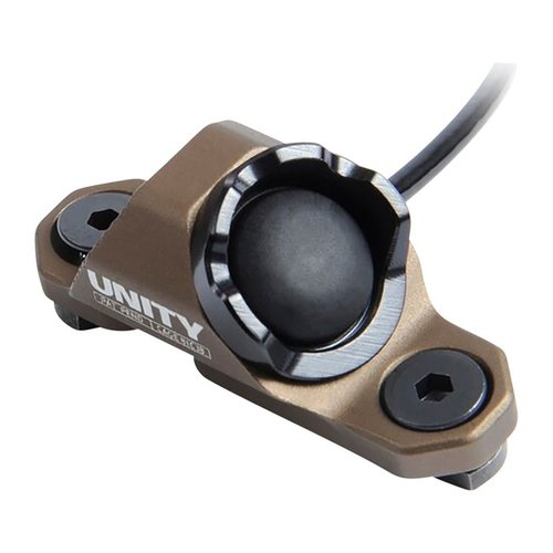 The Unity Tactical Hot Button features a 45-degree angled activation for comfort, secure attachment to M-LOK or Picatinny rails, and a compact design for better ergonomics.