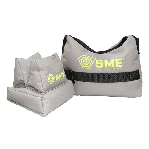 SME's 2 Piece Shooting Bags provide solid rifle support with a non-slip bottom, durable water-resistant fabric, and customizable fill options for optimal stability.