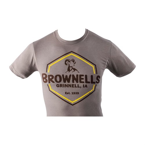 Experience comfort and style with the Brownells Men's Hex T-Shirt in Stone Gray, available in sizes XS to 3XL, perfect for any firearms enthusiast!