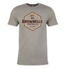 Experience ultimate comfort and style with the Brownells Men's Hex T-Shirt in Stone Gray, featuring a sleek hex logo and available in sizes XS to 3XL.