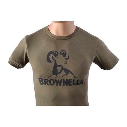 Experience comfort and style with the Brownells Men's Trademark T-Shirt in Light Olive, featuring the iconic Brownells logo, available in sizes XS to 3XL.