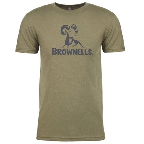 Experience comfort and style with the Brownells Men's Trademark T-Shirt in light olive, featuring the iconic logo, available in sizes XS to 3XL.