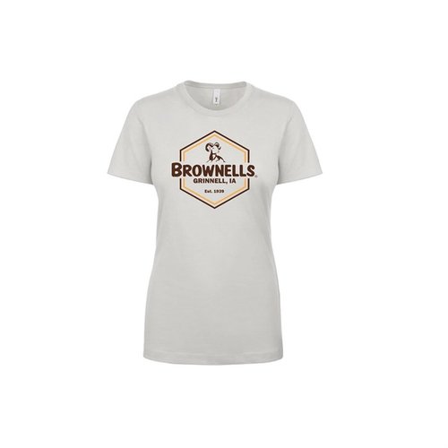 Showcase your passion for firearms with our stylish Brownells Women's Hex T-Shirt in Stone Gray, available in sizes XS to 3XL for the perfect fit!