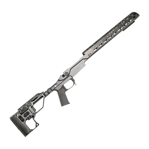 The Christensen Arms Modern Precision Chassis offers ultra-lightweight, adjustable design, carbon fiber handguard, and 7075 aluminum construction for Remington 700 short actions.