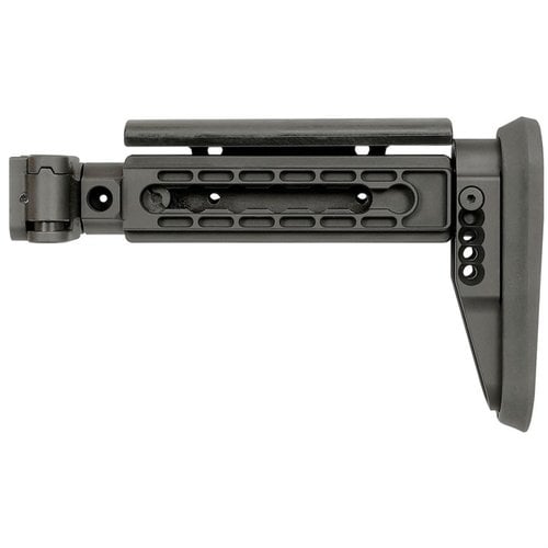 The AK ALPHA Series Folding Stock offers adjustable cheek piece, heavy-duty steel construction, 5-position locking, and compatibility with 1913 rail adaptors.
