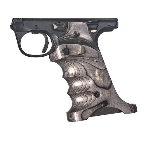 Enhance your shooting with Volquartsen's CNC-machined laminate grips for Ruger Mark IV 22/45, featuring thumb rest, finger grooves, and an extended magazine release.
