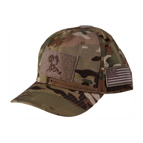 The Brownells Shooter Cap features an Arid Multicam pattern, no top-button for ear protection comfort, and a customizable patch area for personal flair.