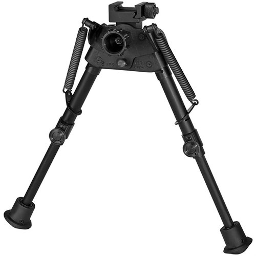 The Harris S-BR2P Bipod offers 6-9" height adjustment, quick deploy self-leveling legs, and a lightweight design, perfect for stable shooting on uneven terrain.