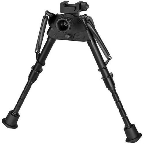 The Harris S-BRMP Bipod features notched, spring-loaded legs for quick deployment, extends 6-9 inches, and attaches directly to a Picatinny Rail, perfect for bench shooting.