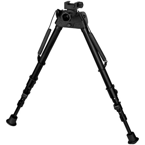 The Harris S-25CP Bipod extends from 13.5" to 27", is ultralight at 21.5 oz, swivels for uneven terrain, and attaches directly to a Picatinny rail.