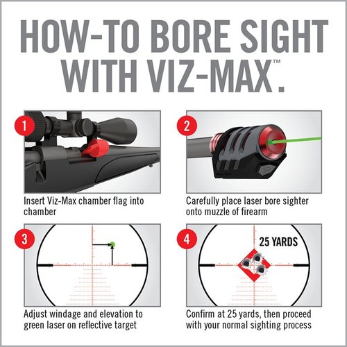 The VIZ-MAX Bore Sighter offers a powerful green laser for maximum daylight visibility, easy magnetic attachment, and a 30-second auto-off for quick, precise bore sighting.