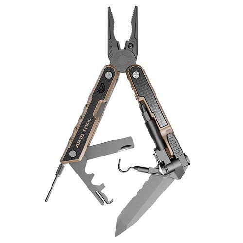 The Real Avid AR-15 Tool features 37 functions, including a carbon scraper, needle-nose pliers, and a 440C serrated Tanto blade, ensuring your AR stays operational.