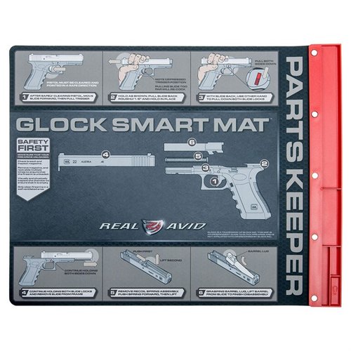 The Real Avid Smart Mat for Glock offers an oil-resistant surface, integrated parts tray, and shock absorption, ensuring a user-friendly cleaning experience.