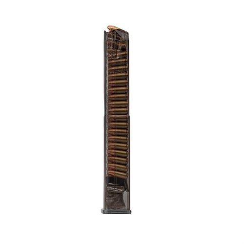 The ETS Translucent Magazine for Glock® offers visibility, reliability, and durability, with advanced polymer, easy disassembly, and compatibility with various ammo types.