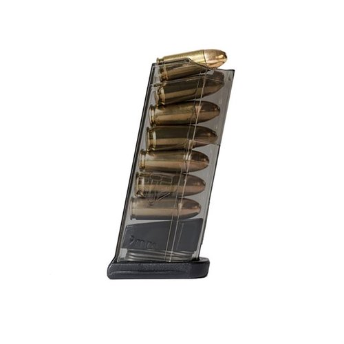 The ETS 7-Rd 9mm magazine for Glock 43 features translucent polymer for quick load visibility, lightweight design, easy disassembly, and creep resistance.