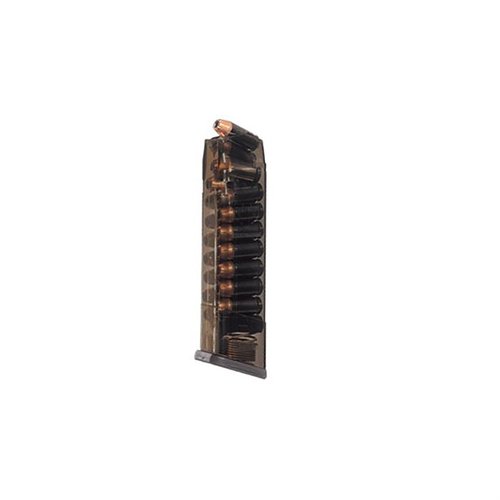 .45 Glock® 21, 30, 41 compatible magazine with 18-round capacity, extreme impact resistance, translucent body for ammo visibility, and easy disassembly.