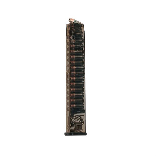 .45 Glock® 21, 30, 41 compatible magazine with 30-round capacity, extreme impact resistance, easy disassembly, and translucent body for ammo visibility.