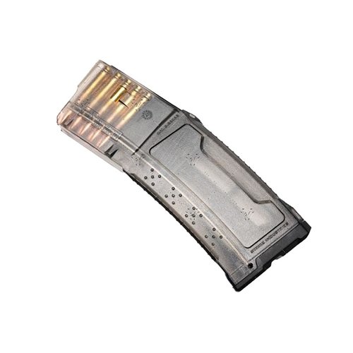 The Strike AR-15 Magazine (10 rounds) features a lightweight polymer build, anti-tilt follower, and 'AccuRamp' design for reliable feeding and easy handling.