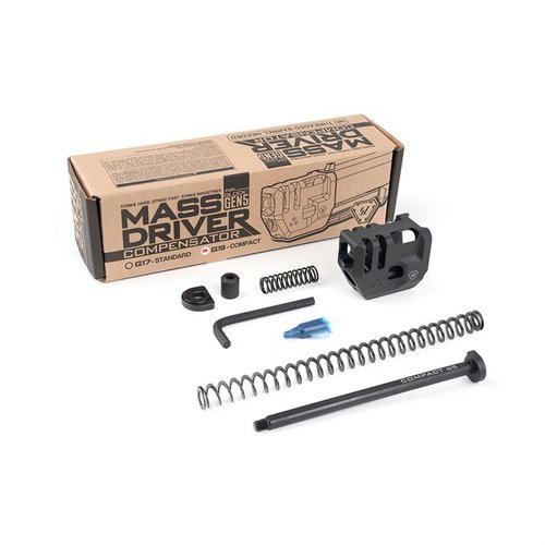 The Strike Industries Mass Driver Compensator enhances recoil control without threaded barrels, featuring a widened bore and a no-snag design for GLOCK 19 compatibility.