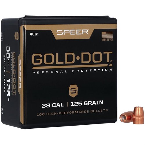 Experience reliable performance with Speer Gold Dot 38 Cal 125gr JHP bullets, designed for optimal expansion, weight retention, and accuracy against any threat.