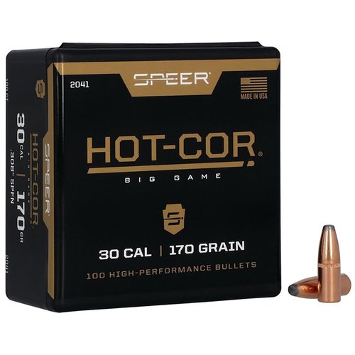 Experience superior accuracy with Speer Hot-Cor 30 Caliber 170gr Soft Point Flat Nose Bullets, crafted for consistent performance and reliability in every shot.
