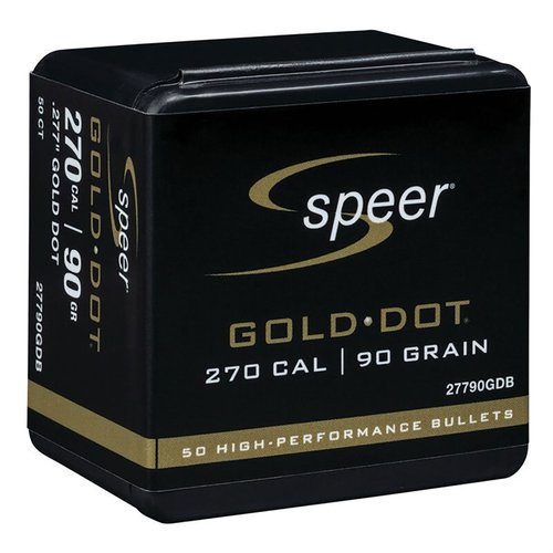 Experience superb accuracy and reliable performance with Speer Gold Dot 270 caliber bullets, designed for consistent penetration and expansion through barriers.