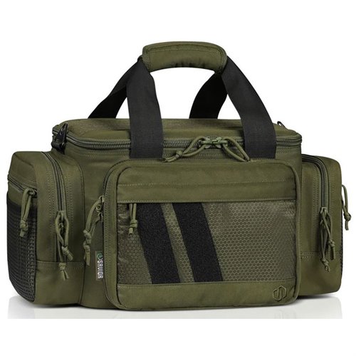 The Savior Equipment Specialist Range Bag features a lockable main compartment, 3 cushioned pistol sleeves, and an adjustable center divider, ideal for range professionals.
