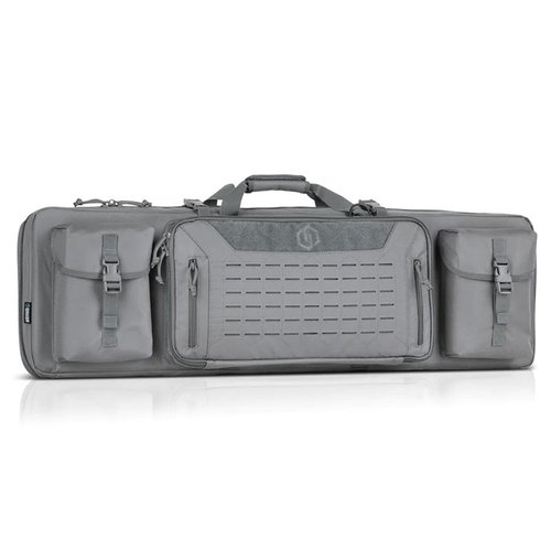 The Savior Equipment Urban Warfare Double Rifle Case features padded slots, removable straps, lockable zippers, and a low-profile design for secure transport.