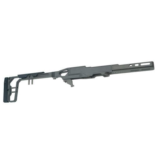 The LaChassis 10/22 offers a lightweight, modular design with adjustable length of pull, easy magazine changes, and a folding stock for versatile shooting.