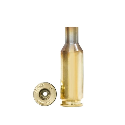 Alpha 6mm BR brass features Small Rifle primer pockets, 100 count packaging, and optimized case head technology for enhanced durability and performance.