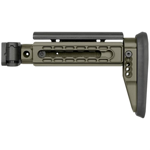 The Midwest Industries ALPHA Series Folding Stock offers adjustable features, a heavy-duty steel mechanism, and compatibility with 1913 rail adaptors for versatile use.