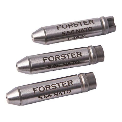 The Forster 5.56 Armorers Headspace Gauge Kit includes Go, midrange, and max field gauges, allowing easy measurement without bolt disassembly for precise headspace checks.