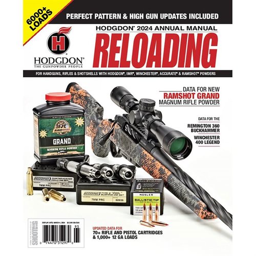 Discover the 2024 Hodgdon Annual Manual, featuring essential data for Remington 360 Buckhammer, Winchester 400 Legend, and new Ramshot Grand Magnum Rifle Powder.