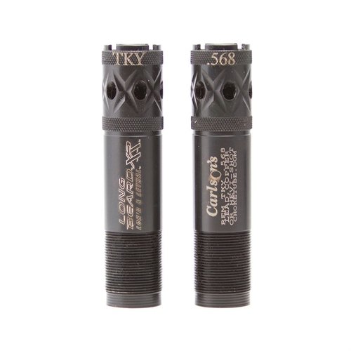 Carlson's Ported Long Beard Turkey Choke enhances your shooting with tighter patterns and 10% greater penetration, ensuring effective gobbler drops beyond 50 yards.