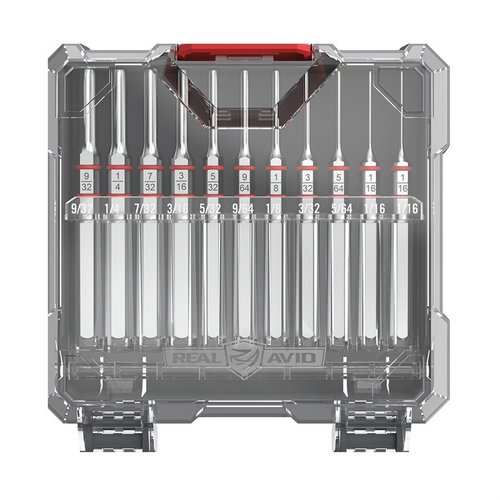 The REAL AVID Accu-Punch 11-Piece Standard Pin Punch Set features hardened steel construction, nickel plating for corrosion resistance, and precise control with hex handles.