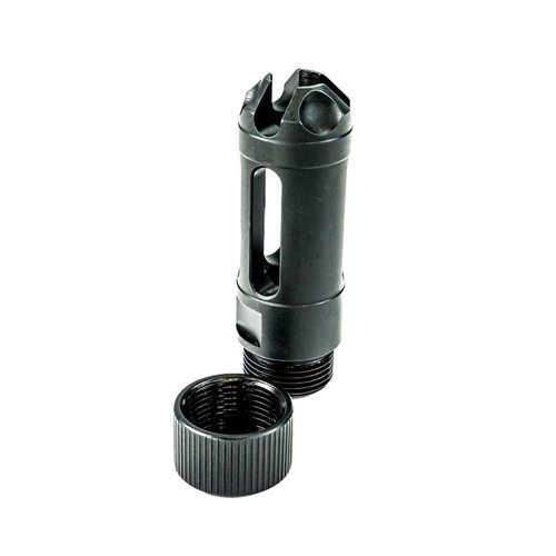 The MUZZLOK® 9MM Luger Flash Hider features easy installation without crush washers, allowing quick timing adjustments and convenient field removal.
