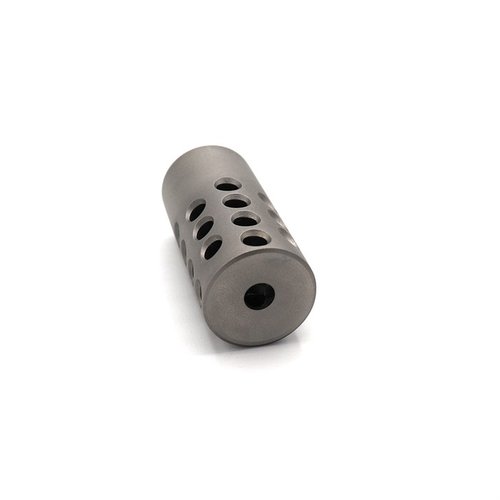 .22 caliber muzzle brake with 1/2"-28 threads, reduces felt recoil, adds weight, and enhances aesthetics for Ruger 10/22 rifles and pistols.