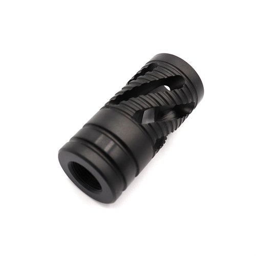 .22 caliber muzzle brake for Ruger 10/22 reduces felt recoil, enhances stability, and adds weight to the muzzle for improved performance and aesthetics.