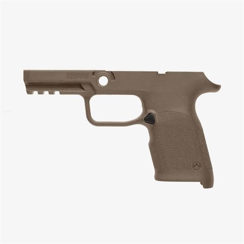 The Magpul EHG SG9 grip frame for SIG P320 Compact features ergonomic design, flared magazine well, Picatinny rail, and a reversible magazine release for enhanced functionality.