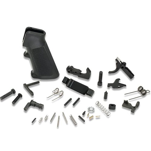 Build your AR-15 lower receiver with KAK's complete American-made parts kit, featuring mil-spec components, A2 pistol grip, and all necessary parts.