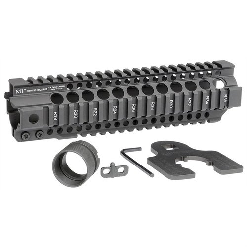The Midwest Industries AR-15 Combat T-Series Free Float Handguard features durable 6061 aluminum, a patented torque plate, and integrated QD sling sockets for versatility.