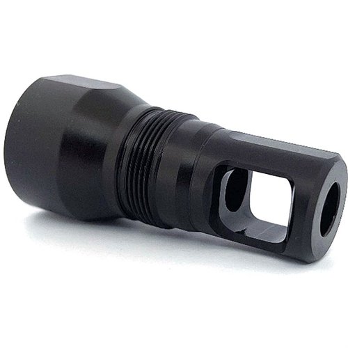 The BLYAT Muzzle Brake features a Black Nitride finish, is compatible with Atlas adapters, and includes shims for easy installation and alignment on 24/26mm threads.