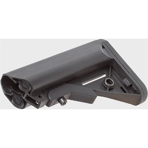 The LMT SOPMOD Buttstock features a rubberized buttpad for comfort, improved cheek weld, watertight storage compartments, and QD swivel inserts for versatility.